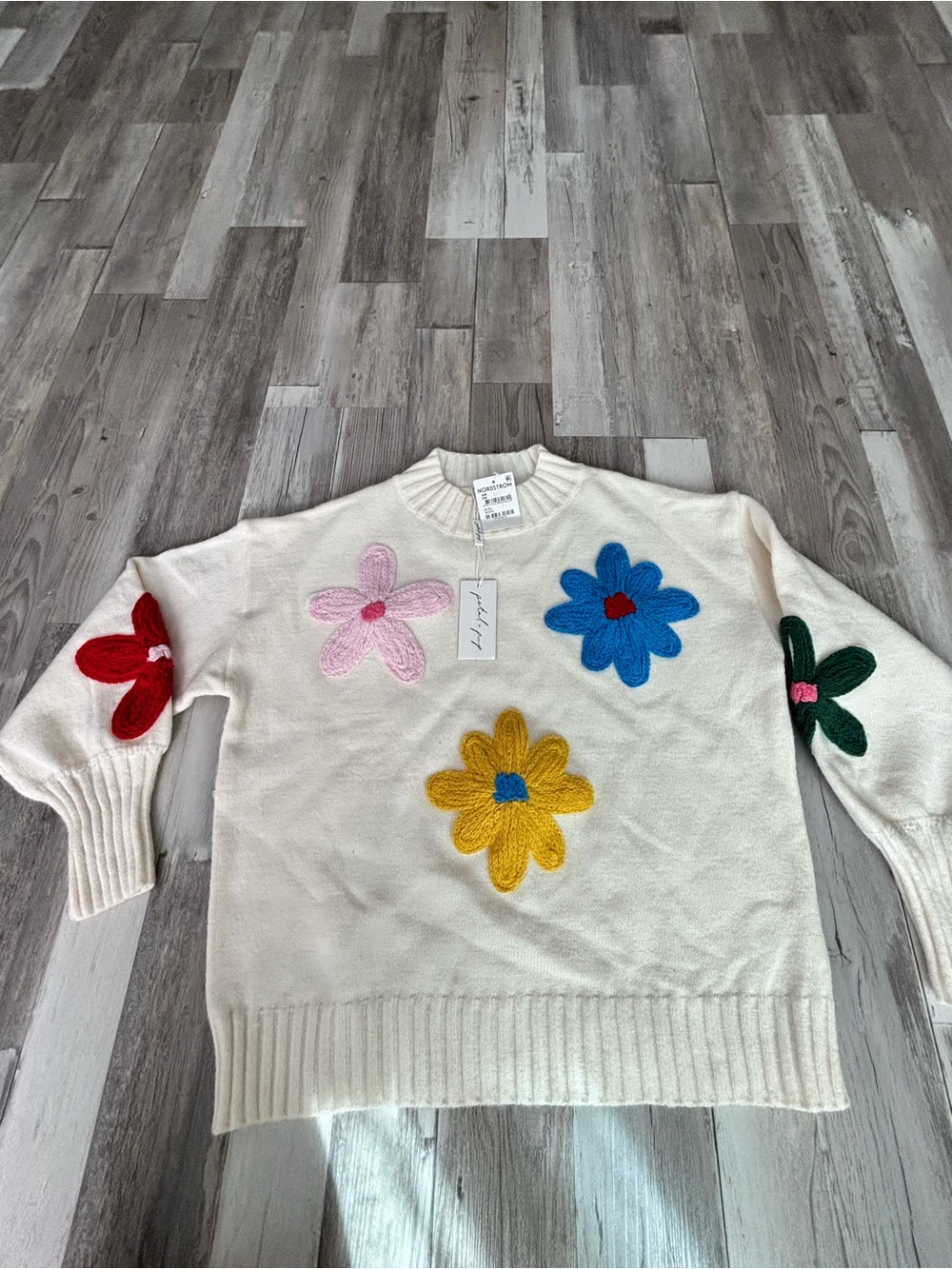 Petal & Pup Cream Sweater with Multicolor Floral Appliques